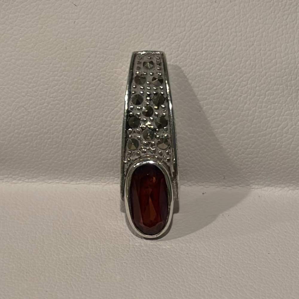 Vintage 925 Sterling Silver‎ Marcasite Red Garnet Oval Slide Pendant